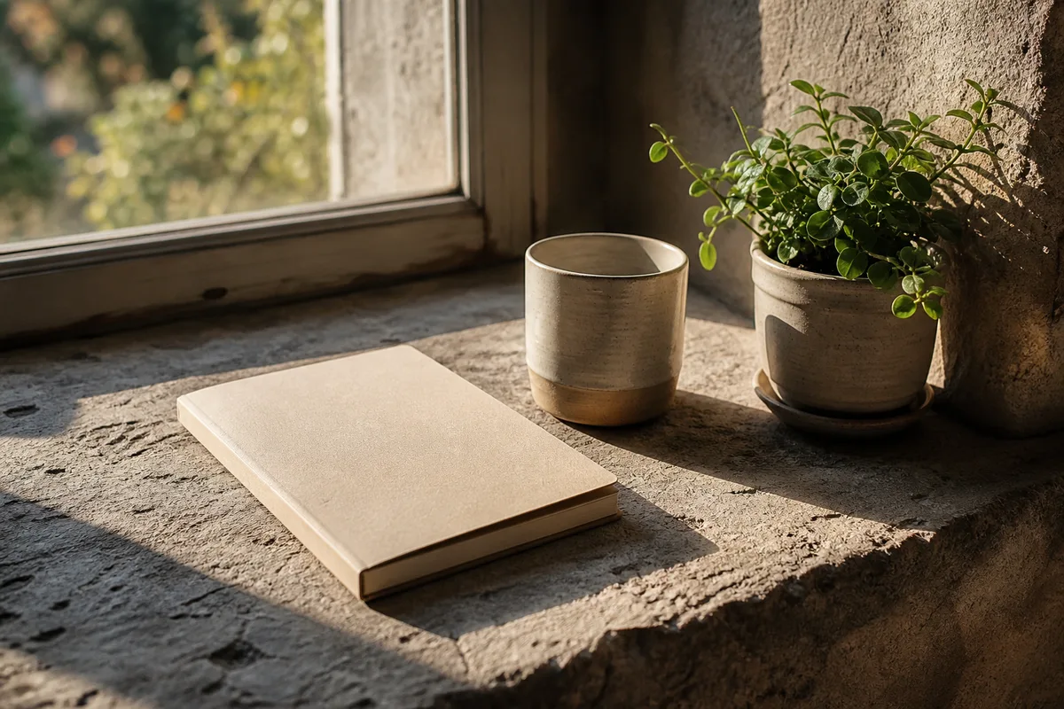 Rebord de fenêtre en pierre clair avec un carnet fermé, une tasse et une petite plante verte dans la lumière du matin