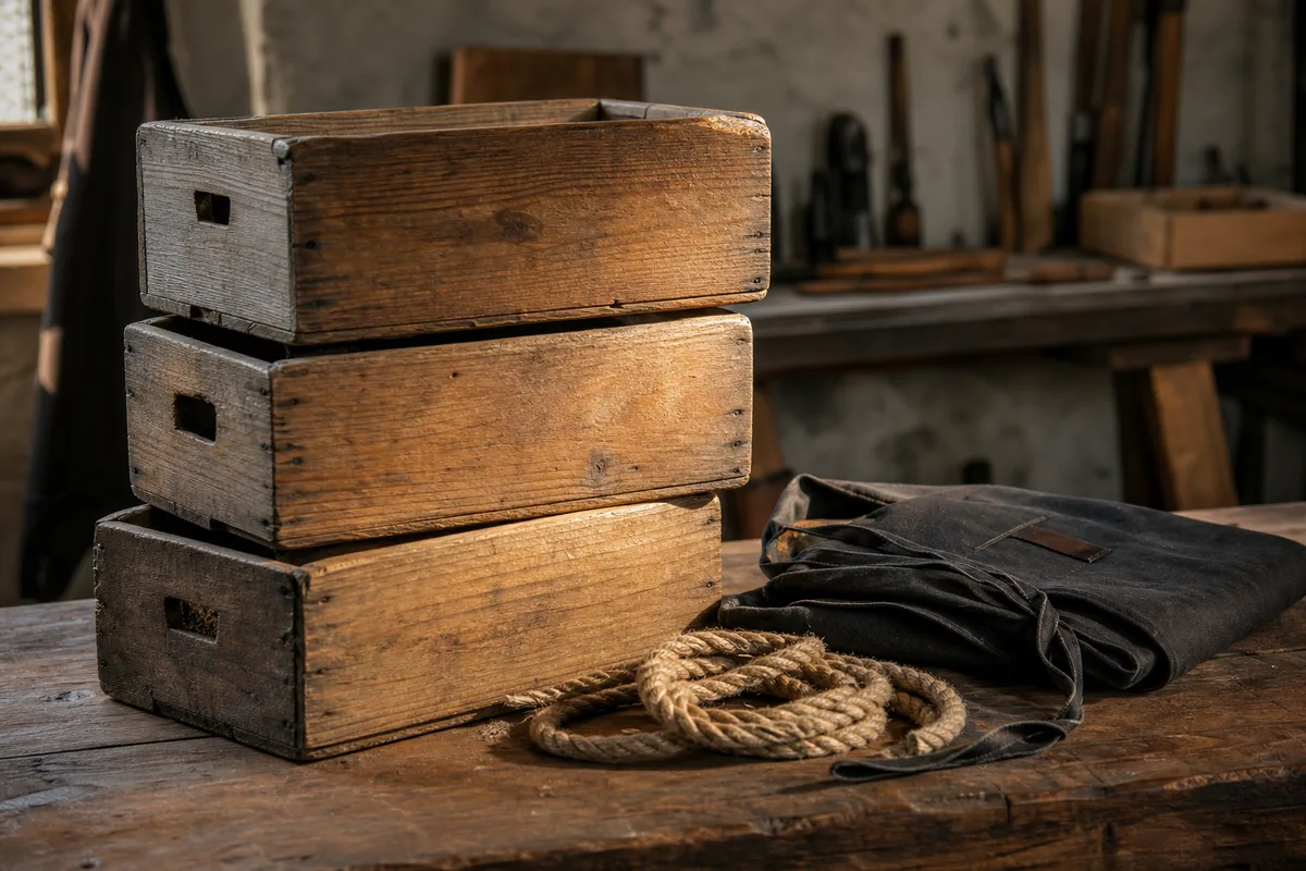 Trois caisses en bois empilées dans un coin d&rsquo;atelier avec un tablier en toile plié posé dessus