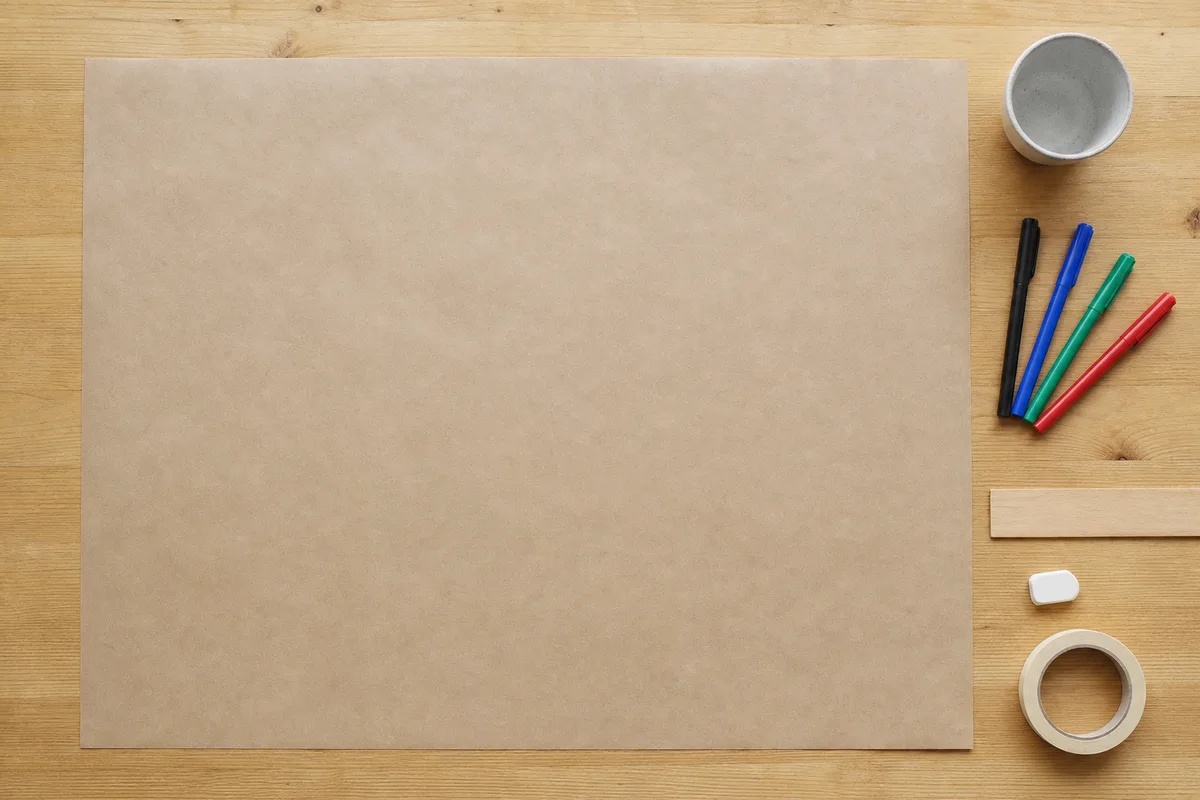Grande feuille de papier kraft vierge dépliée sur une table de travail avec feutres et règle