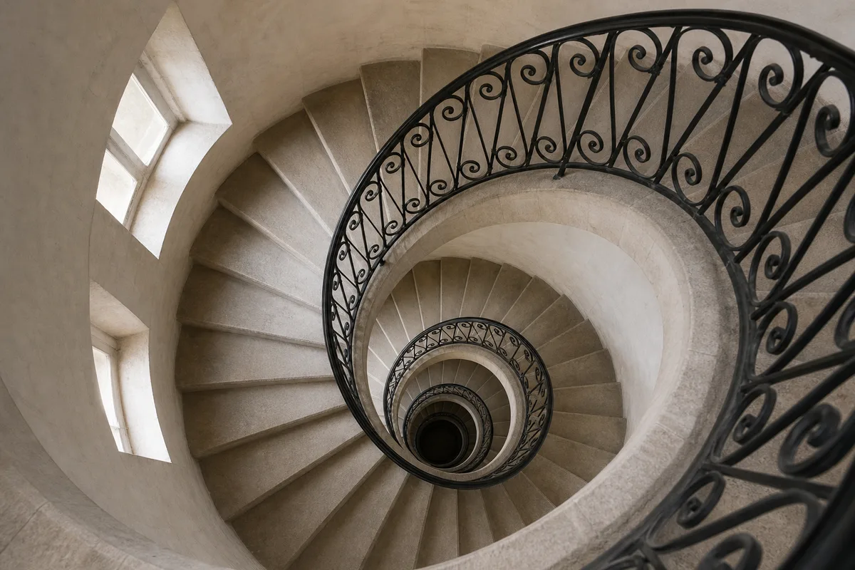 Escalier en colimaçon photographié en plongée, paliers successifs formant une spirale descendante
