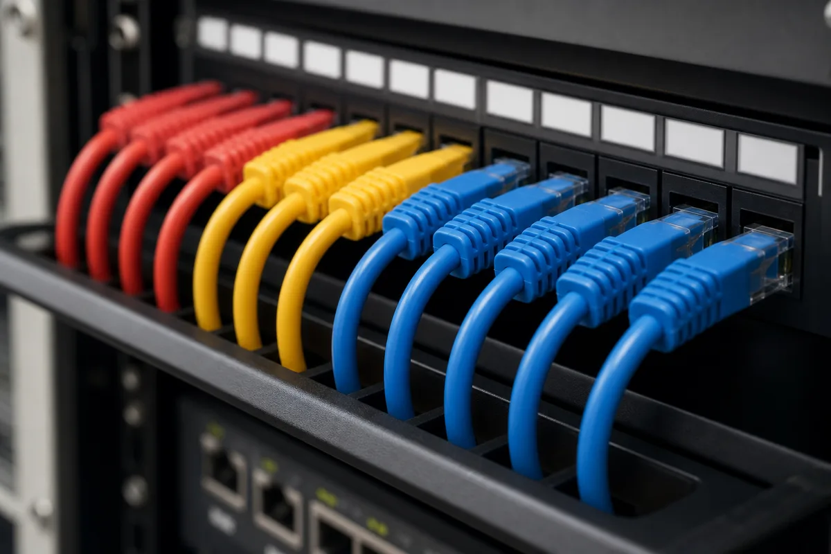 Panneau de brassage RJ45 avec cordons courts organisés par couleur