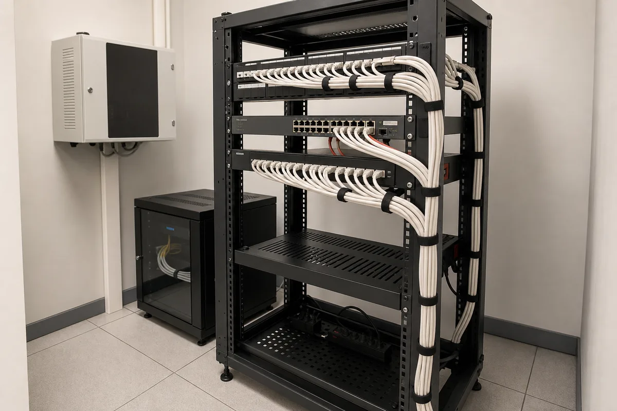 Rack réseau à cadre ouvert avec câblage soigné dans un local technique