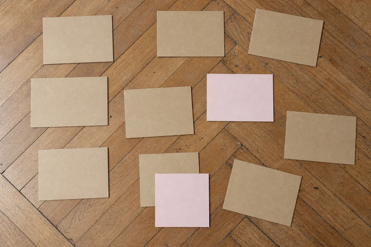Rectangles de carton kraft vierges posés à plat au sol sur un parquet ancien, disposition en grille irrégulière