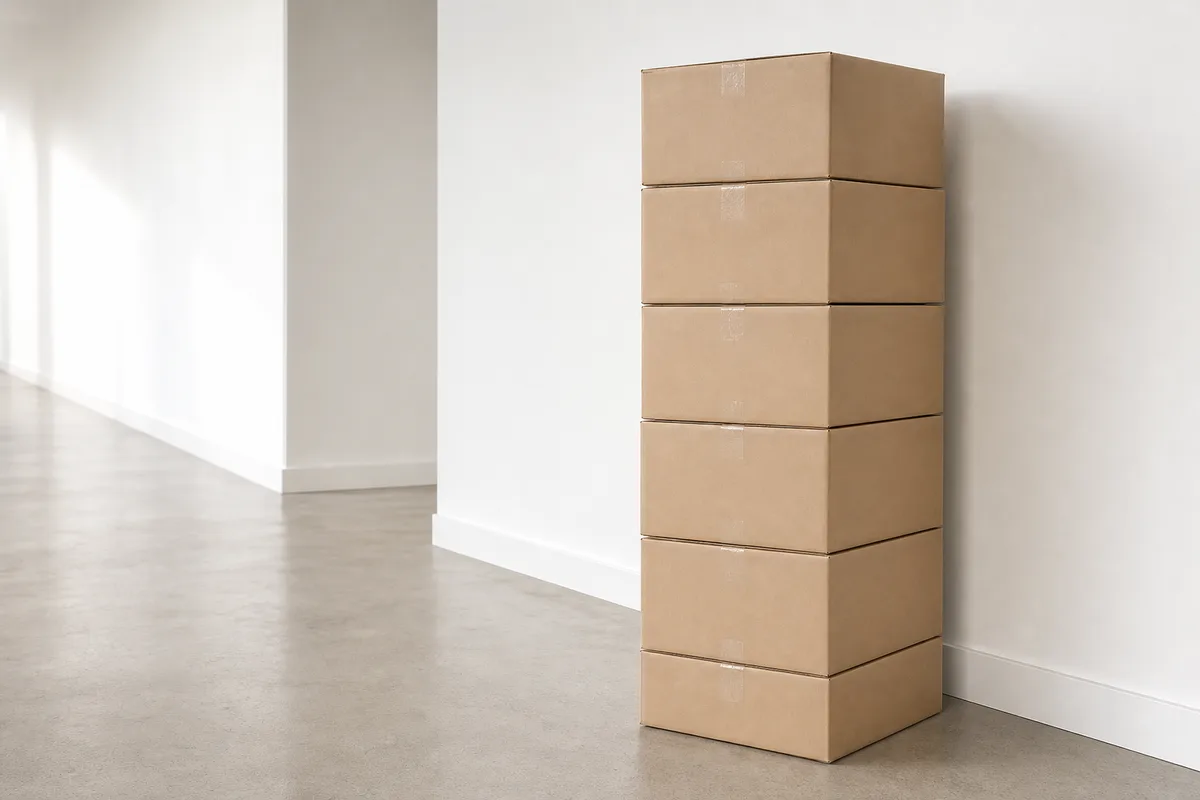 Cartons d&rsquo;équipement neufs empilés et fermés dans un couloir de bureau clair