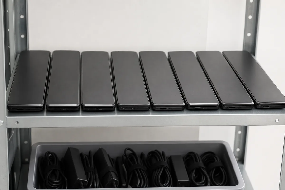 Ordinateurs portables fermés rangés sur une étagère métallique de local informatique