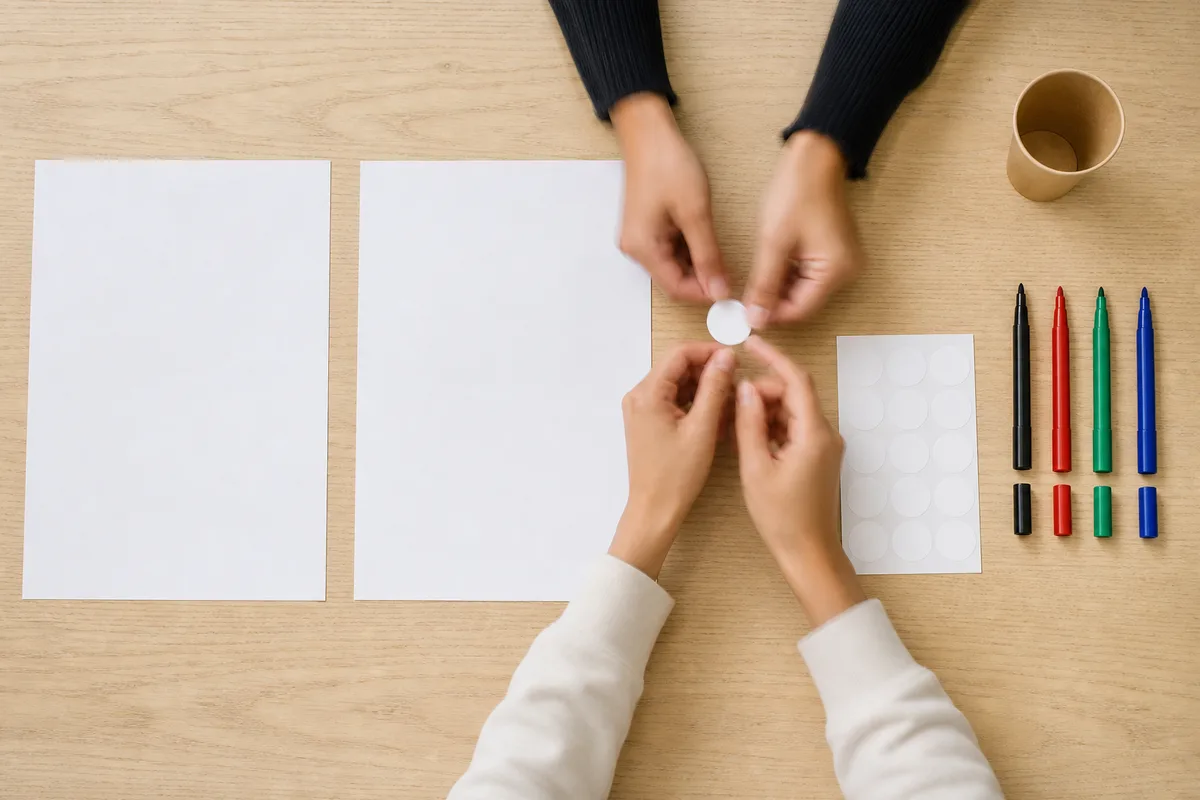 Table de réunion vue du dessus avec grandes feuilles blanches, marqueurs de couleur et gommettes adhésives