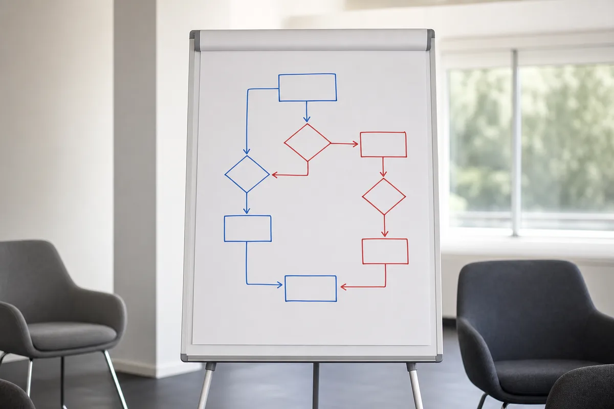 Paperboard sur trépied portant un schéma de rectangles et de losanges reliés par des flèches au feutre
