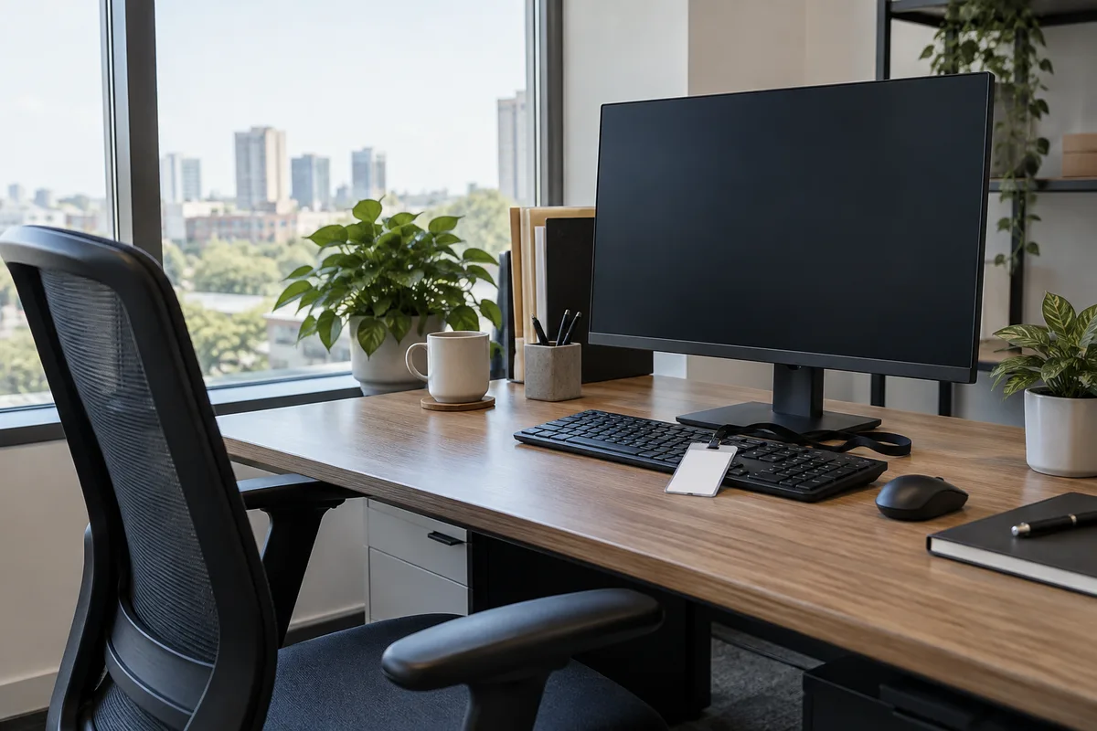 Poste de travail de bureau verrouillé avec un badge d&rsquo;accès posé sur le clavier