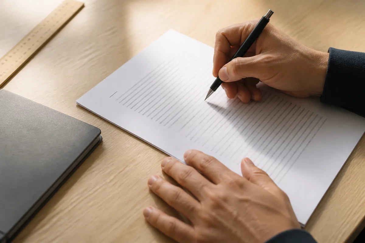Mains d&rsquo;une dirigeante annotant un cahier des charges imprimé sur une table en bois clair