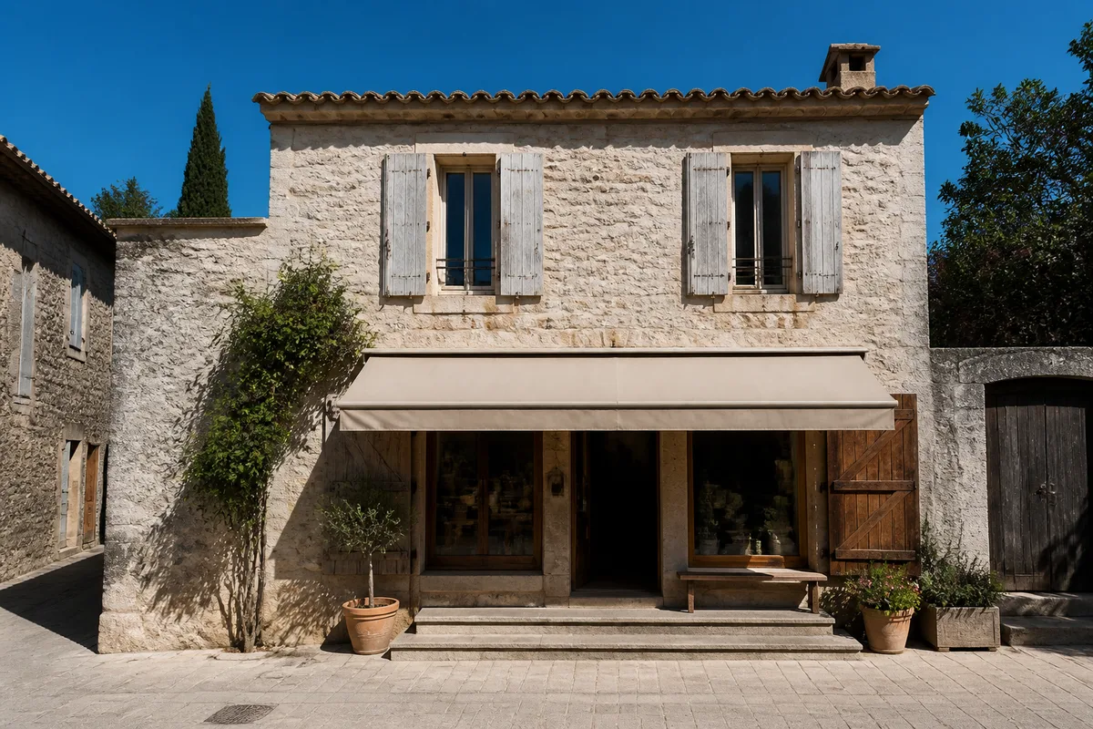 Façade en pierre claire d&rsquo;un commerce de village cévenol sous une lumière méditerranéenne de fin de matinée