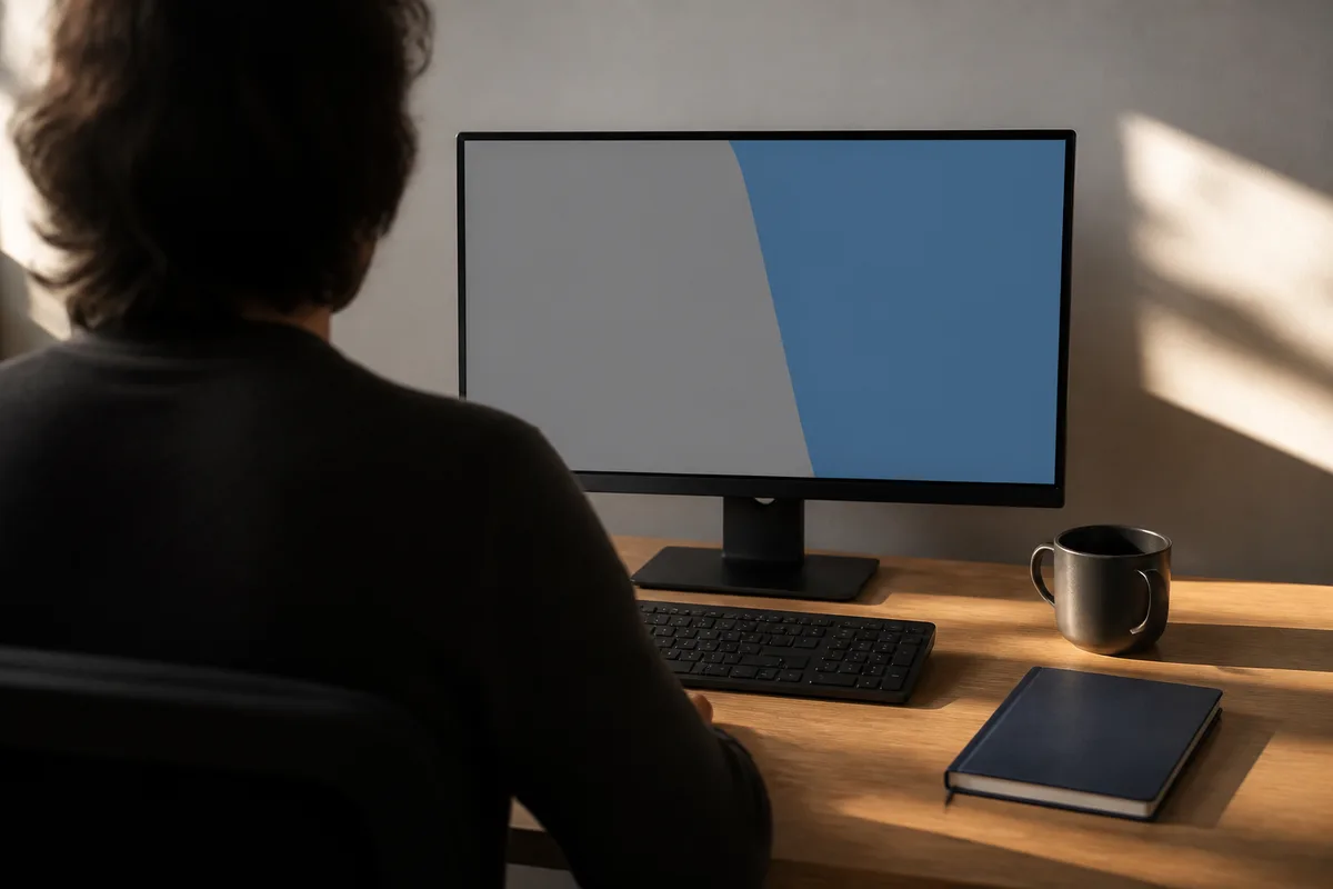 Poste de travail vu de dos, écran affichant des blocs de couleur unis, carnet fermé posé à côté du clavier