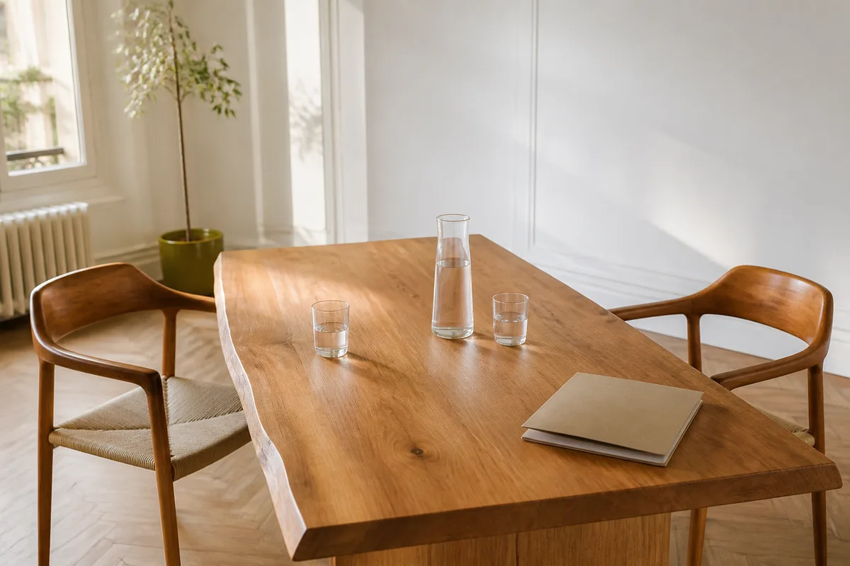 Table de réunion en bois massif avec deux chaises et une carafe d&rsquo;eau, lumière naturelle latérale