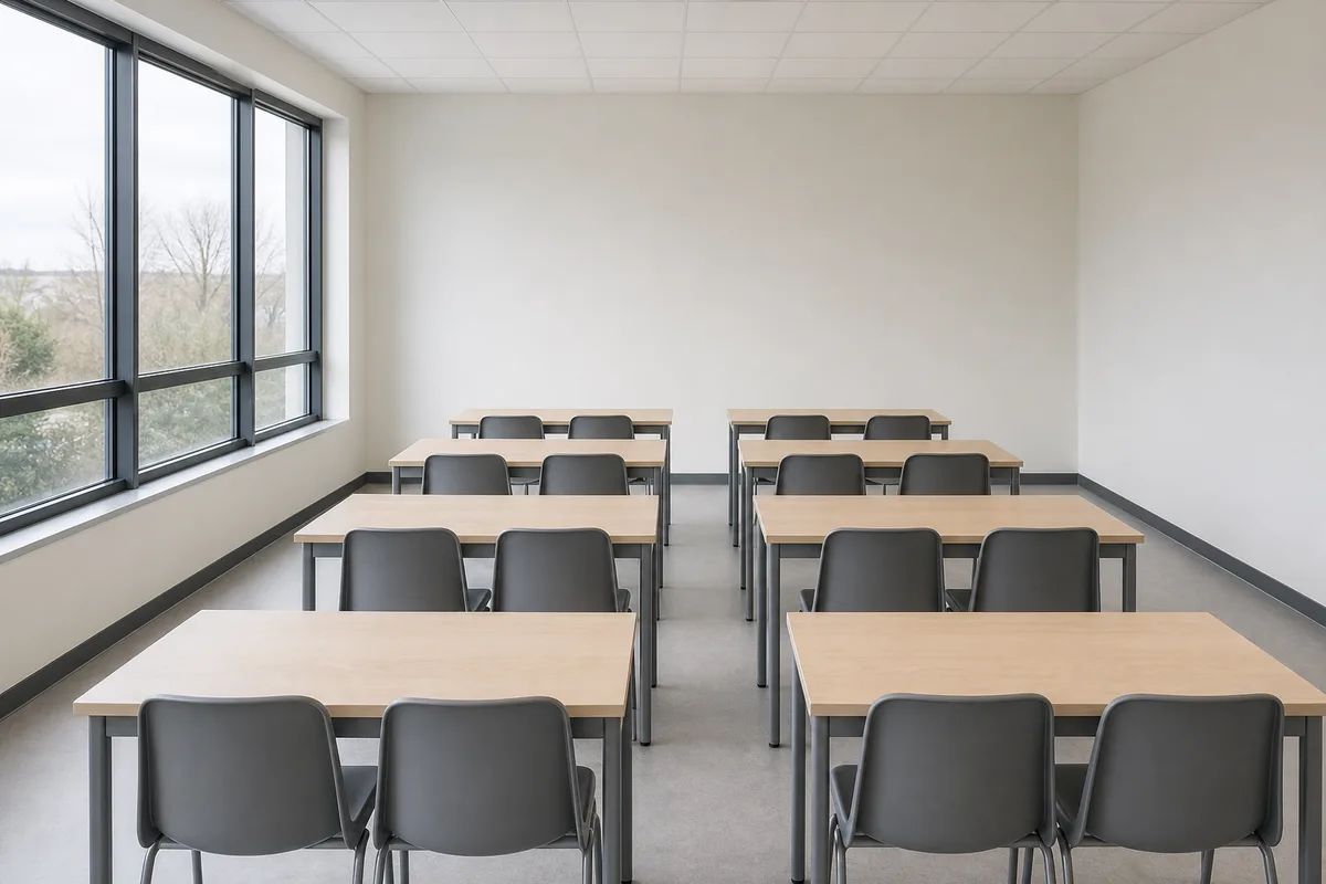 Salle de formation professionnelle vide avec quatre rangées de tables claires et de chaises tournées vers une baie vitrée