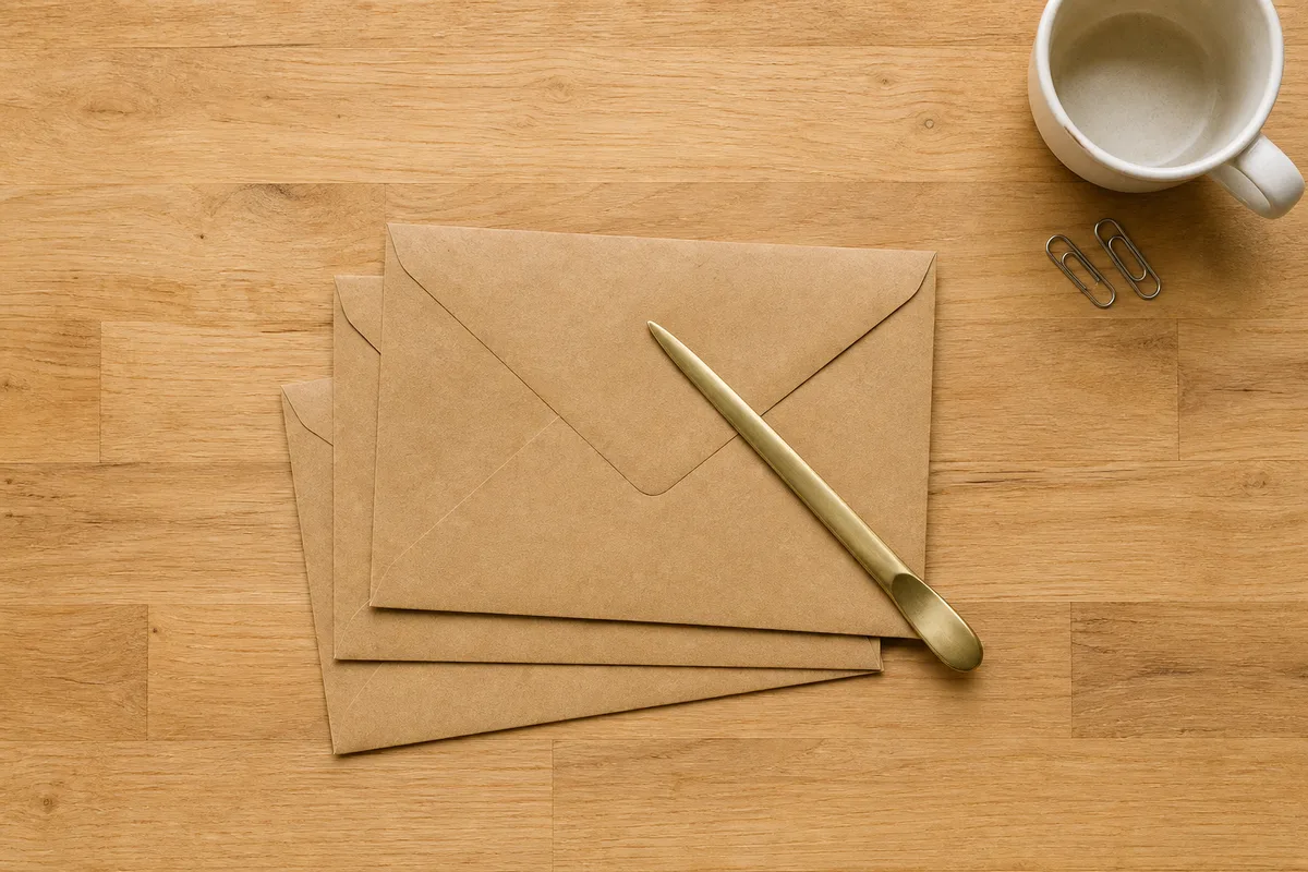 Trois enveloppes kraft fermées empilées en décalage sur une table en bois clair avec un coupe-papier en laiton