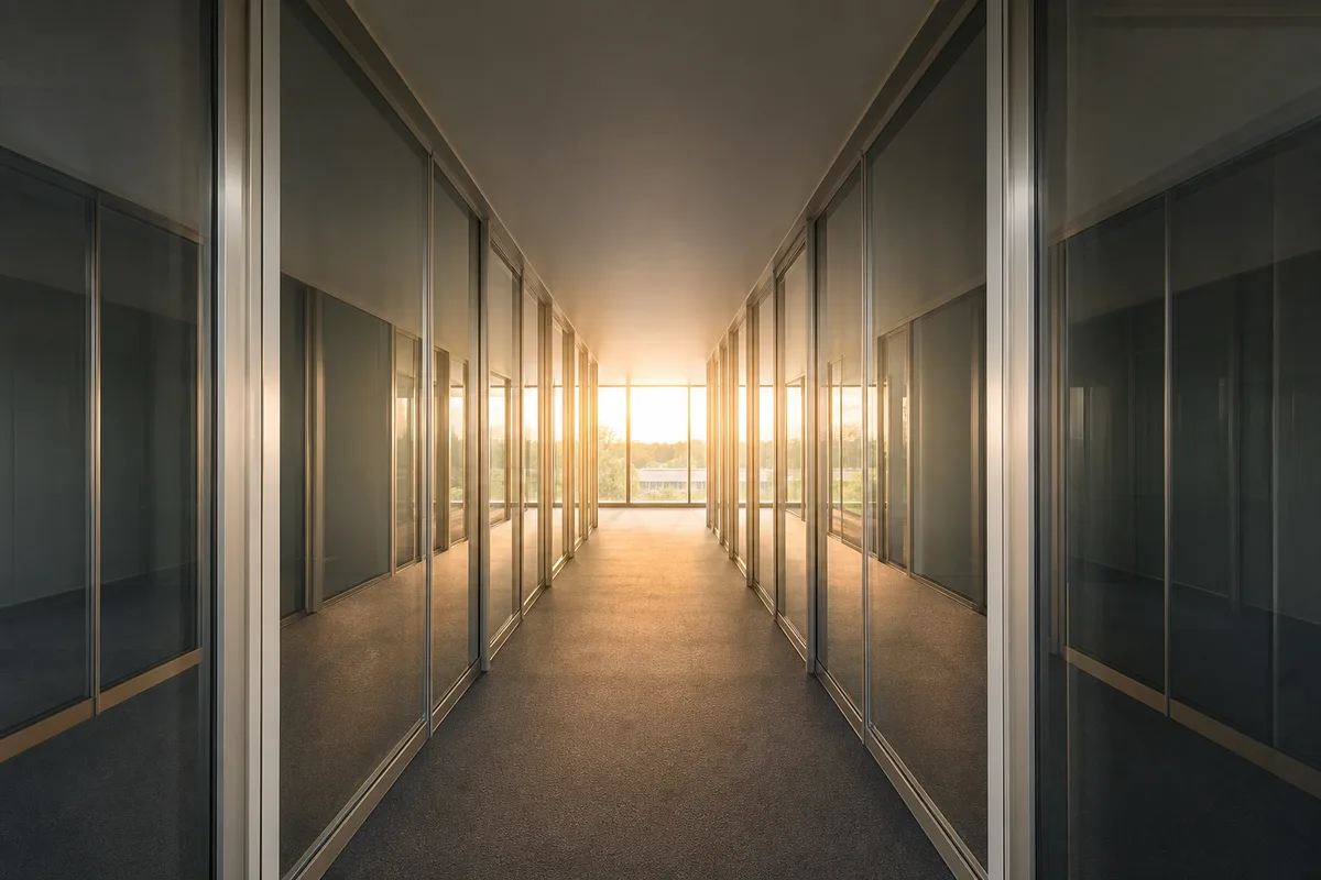 Couloir de bureaux désert bordé de cloisons vitrées, moquette grise et contre-jour de fin de journée