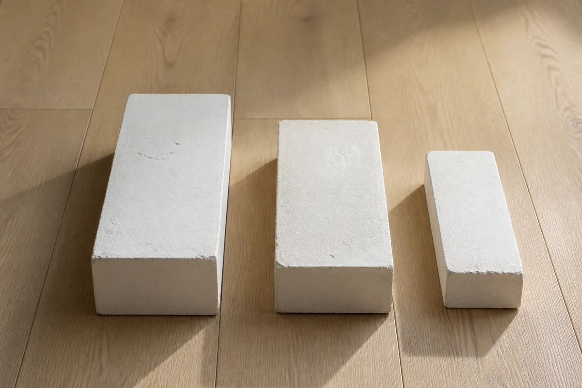 Trois blocs de plâtre brut de tailles différentes alignés à même un sol en bois clair