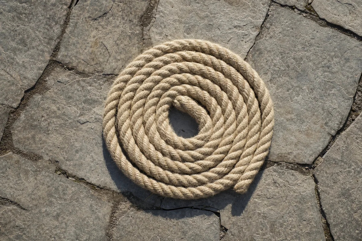 Cordage de chanvre enroulé en spirale posé à plat sur un sol en pierre grise