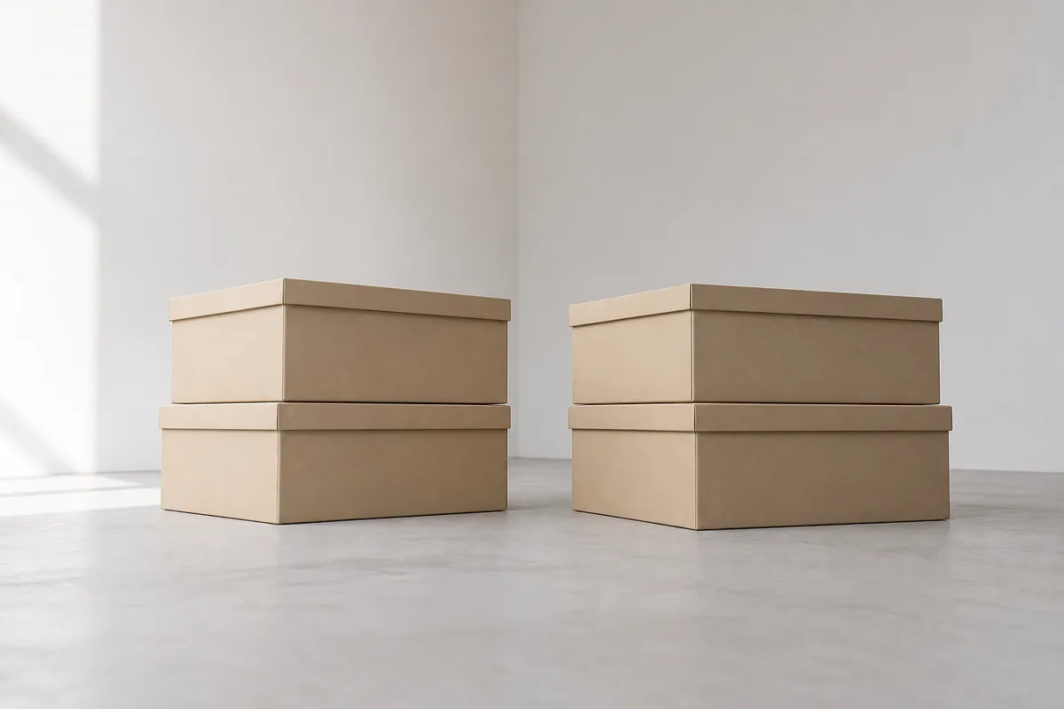 Boîtes d’archives en carton beige empilées au sol dans une pièce vide