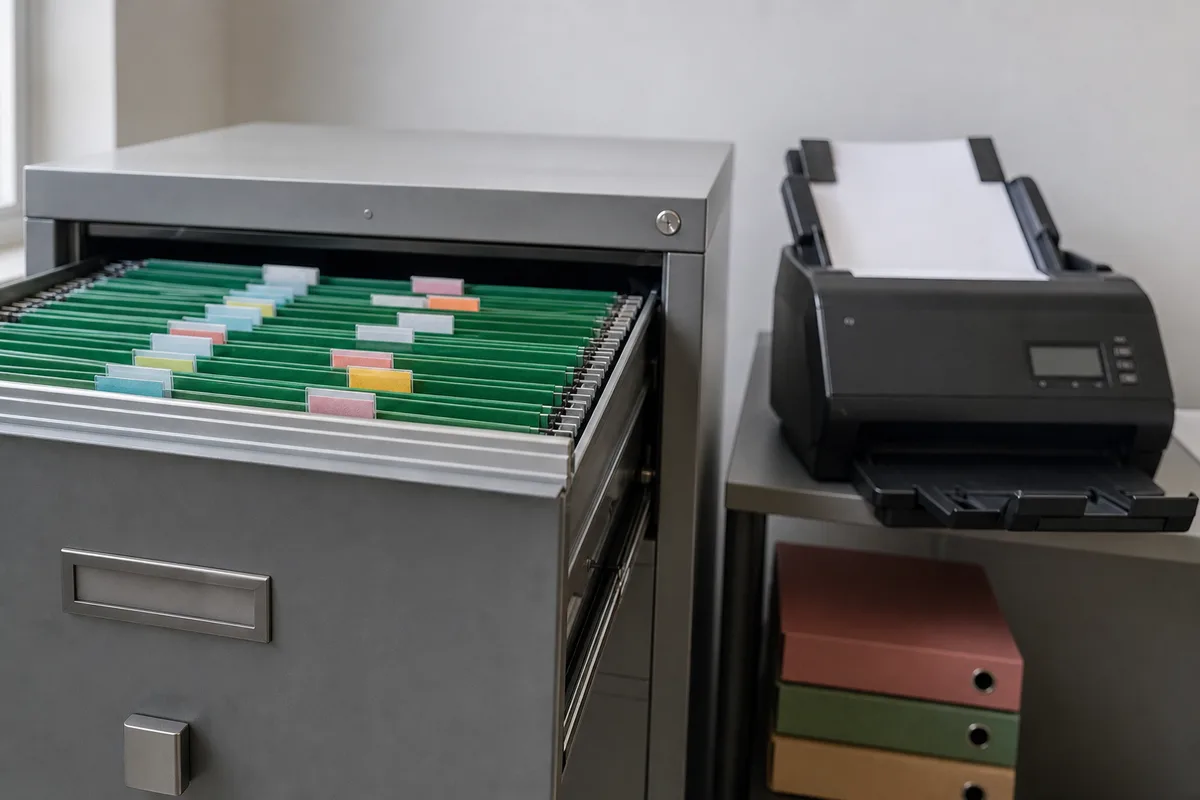 Armoire à dossiers suspendus ouverte à côté d’un scanner de bureau et de chemises cartonnées empilées