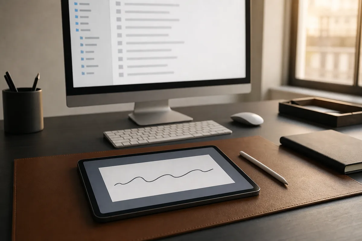Tablette graphique posée à plat sur un bureau avec stylet, écran d’ordinateur affichant une arborescence de dossiers floue