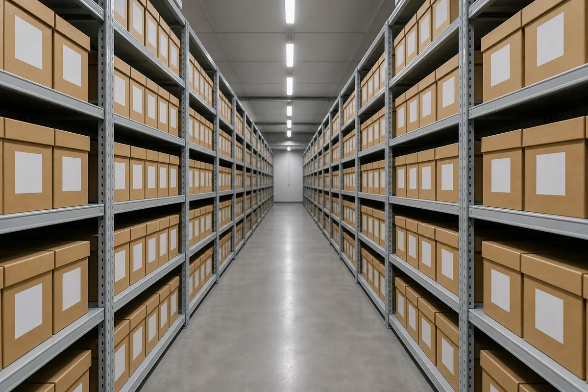 Rayonnages métalliques d’un local d’archives avec boîtes de classement alignées et allée centrale