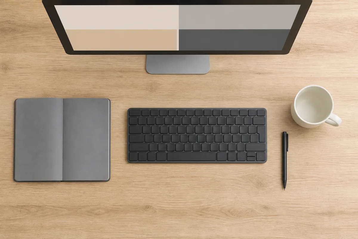 Deux mains posées sur un clavier sombre devant un écran affichant des blocs de couleur unis