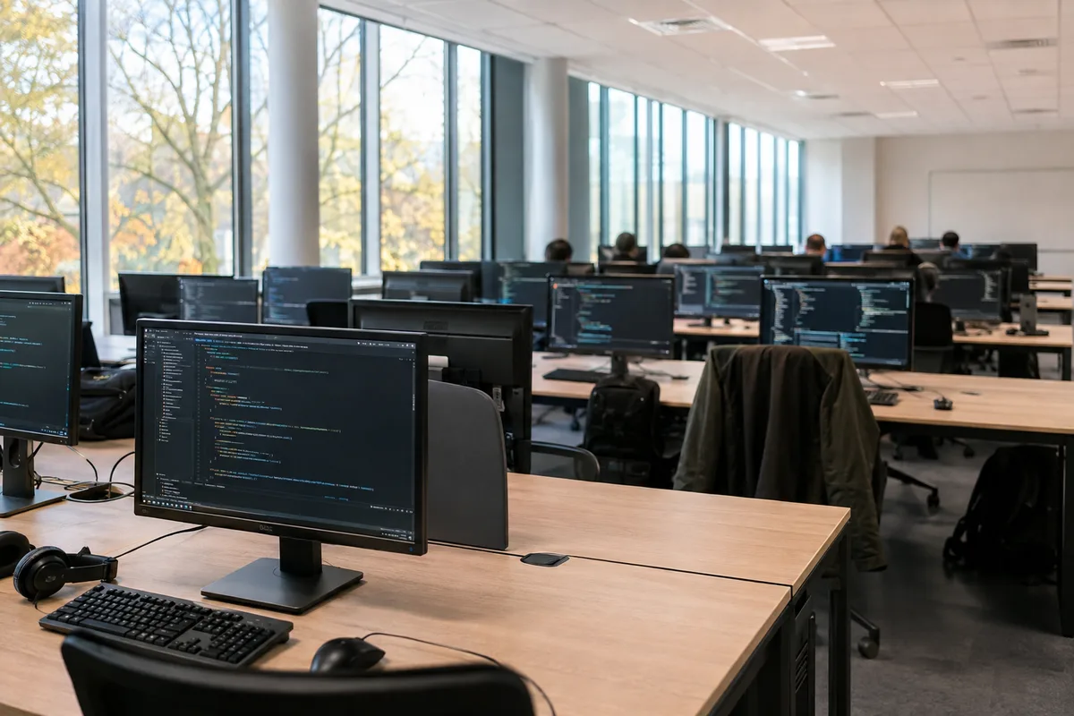 Salle de formation avec plusieurs postes informatiques allumés affichant du code, lumière du jour traversant de grandes fenêtres