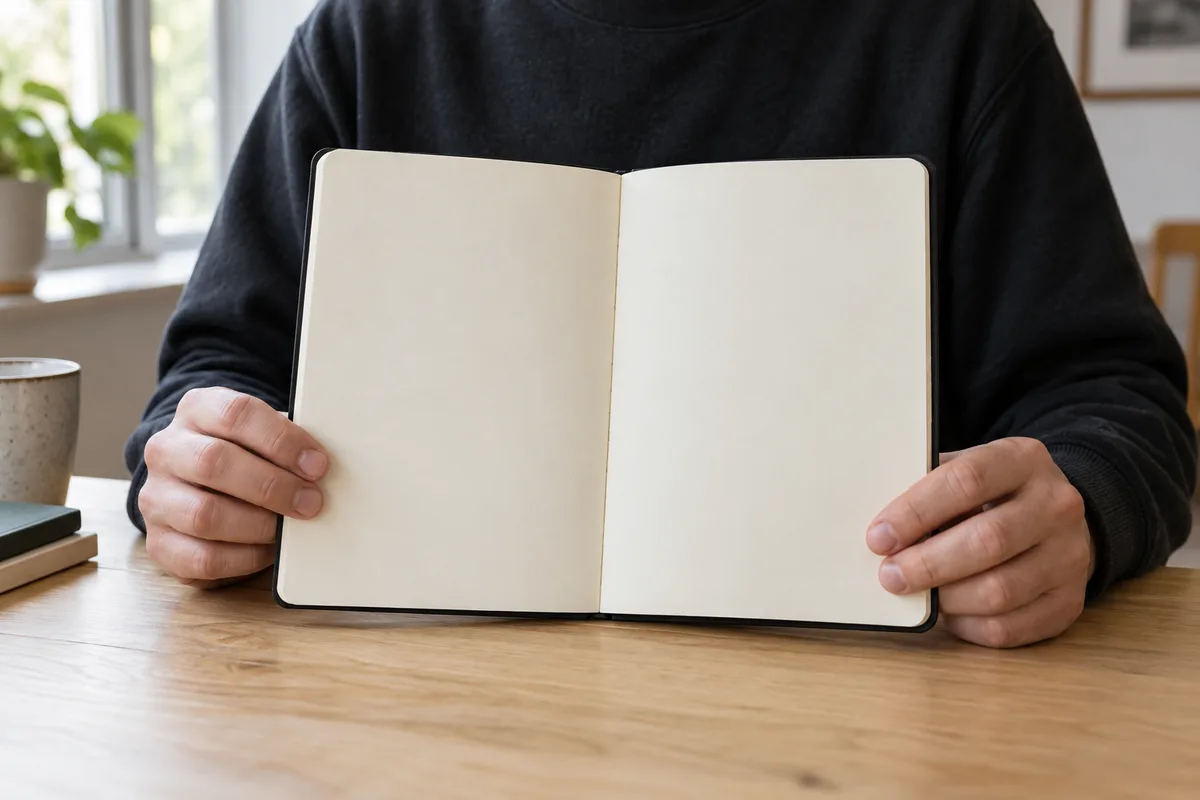 Mains d’un développeur tenant un carnet de notes ouvert aux pages blanches