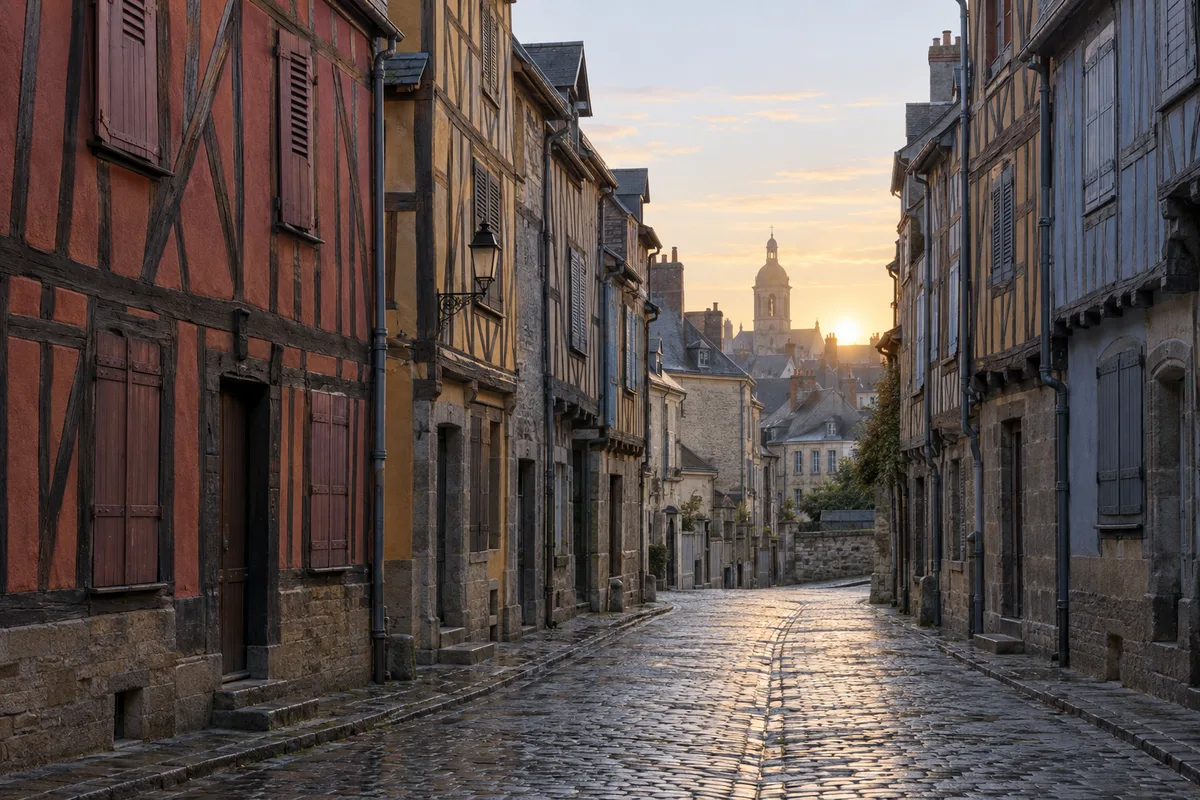 Maisons à colombages colorées dans une rue ancienne de Rennes