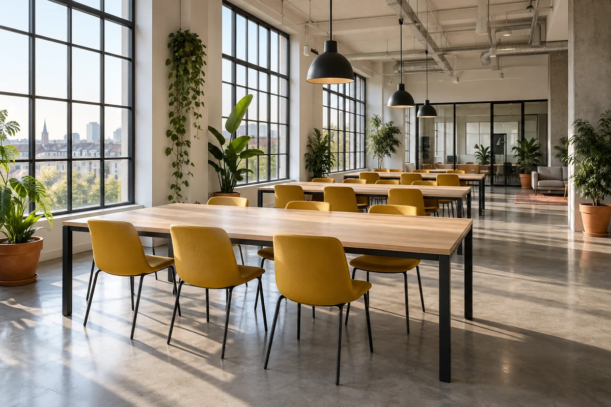 Bureau de coworking vide avec tables en bois, chaises jaunes et plantes