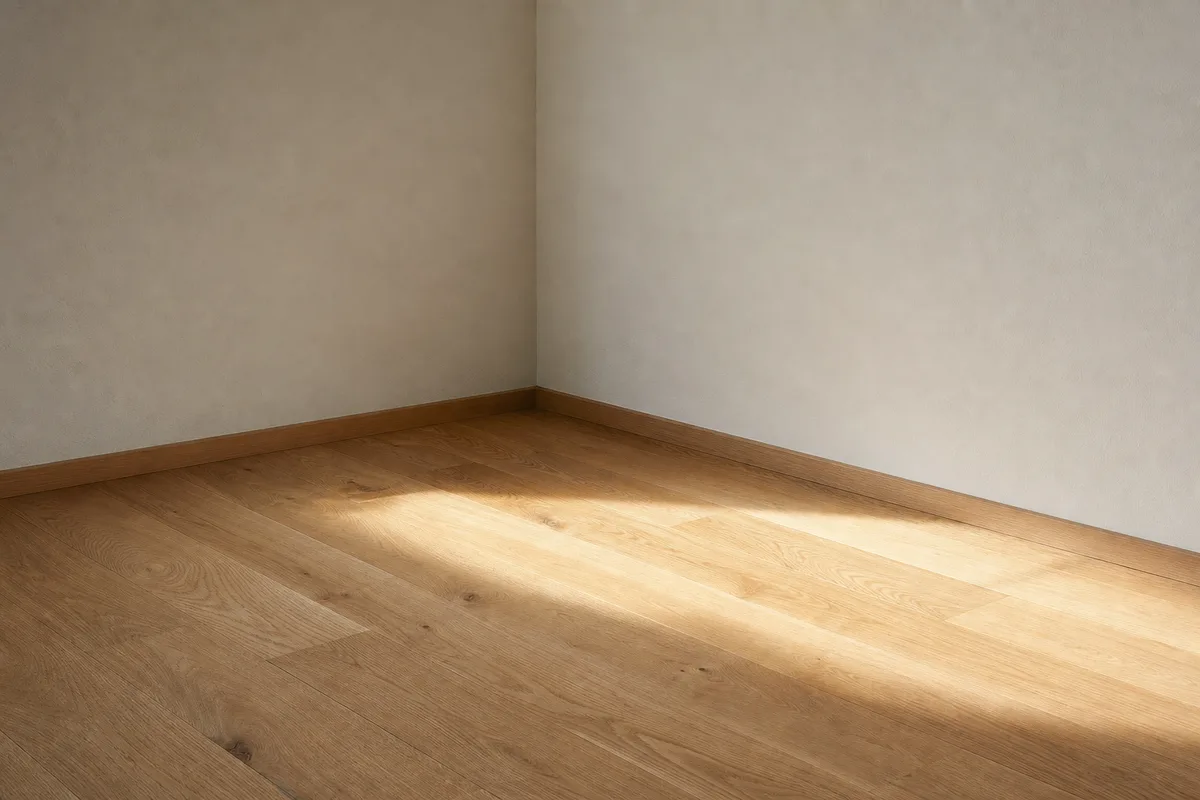 Angle d’une pièce vide au parquet clair et à l’enduit mat, éclairé par une ouverture latérale
