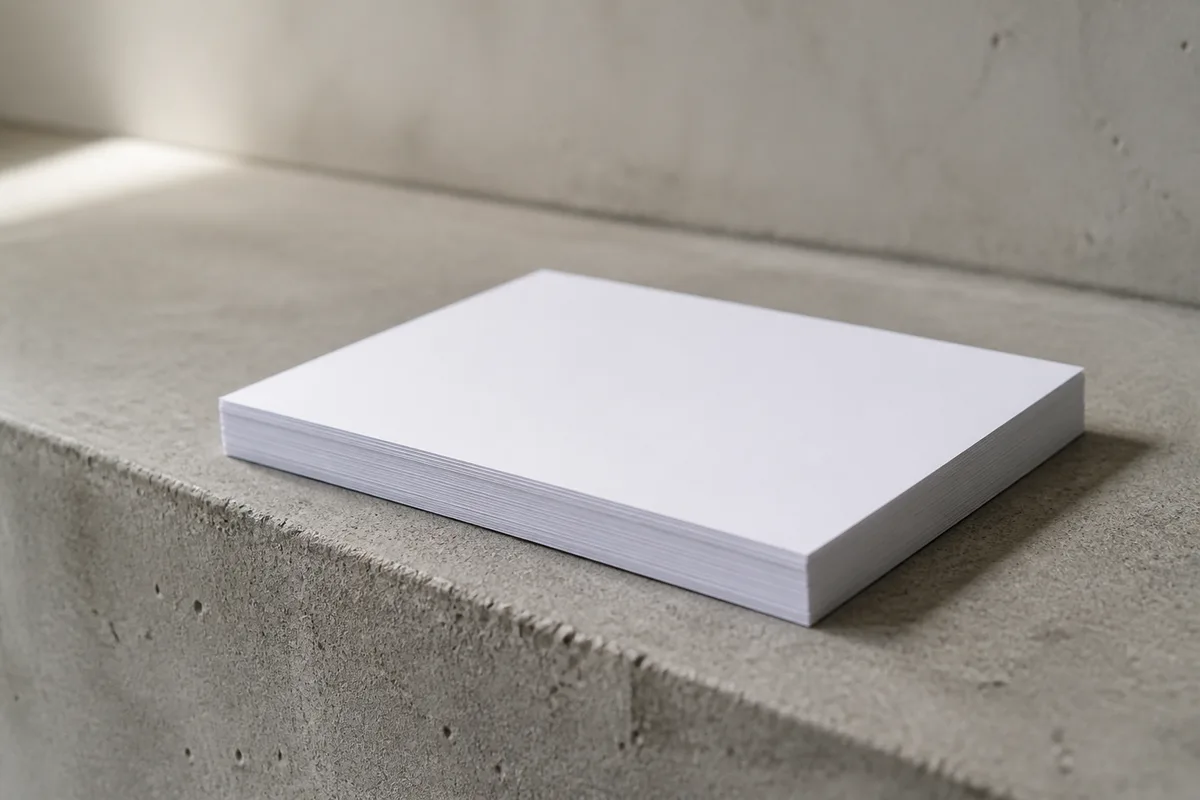 Bloc de papier vierge posé sur une marche de béton brut
