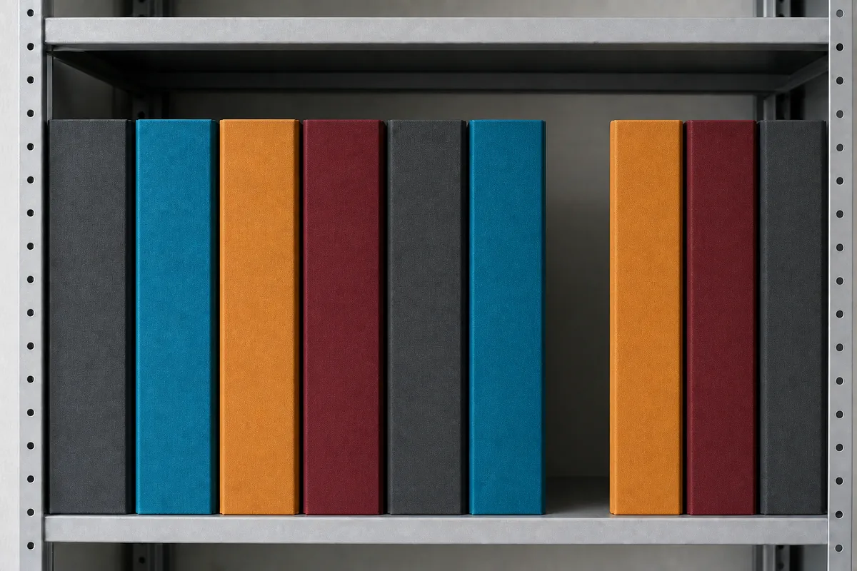 Rangée de classeurs à dos de couleurs unies sur une étagère métallique avec un espace vide entre deux d&rsquo;entre eux
