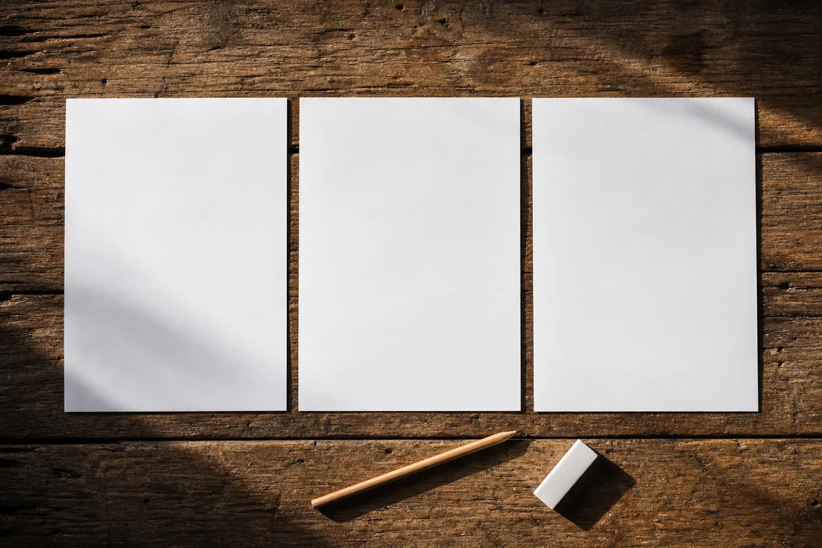 Feuilles de papier entièrement vierges et crayon de bois posés sur une table de travail