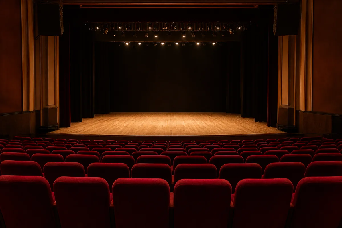 Salle de théâtre vide vue depuis les fauteuils, rideau ouvert sur un plateau de bois nu éclairé