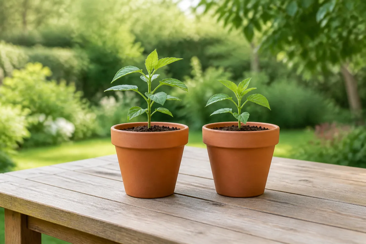 Deux plants identiques en pot de terre cuite posés côte à côte sur une table de jardin en bois