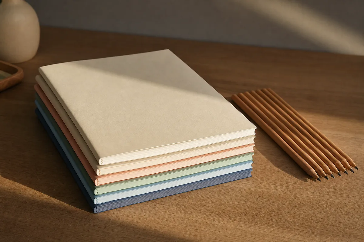 Pile de livrets imprimés vierges posée sur une table en bois à côté de crayons et d&rsquo;une tasse en grès