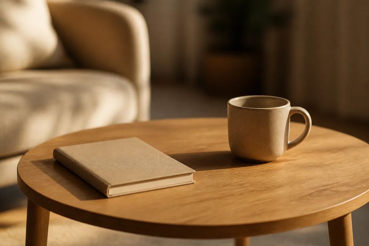 Coin calme d&rsquo;un bureau avec un fauteuil, un casque audio et une tablette retournée posée sur une table basse