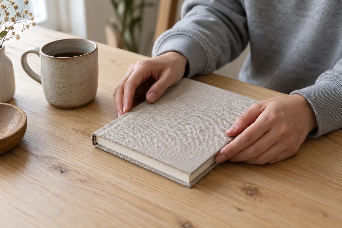 Mains d’une personne en sweat gris posant un carnet fermé sur une table en bois à côté d’un mug