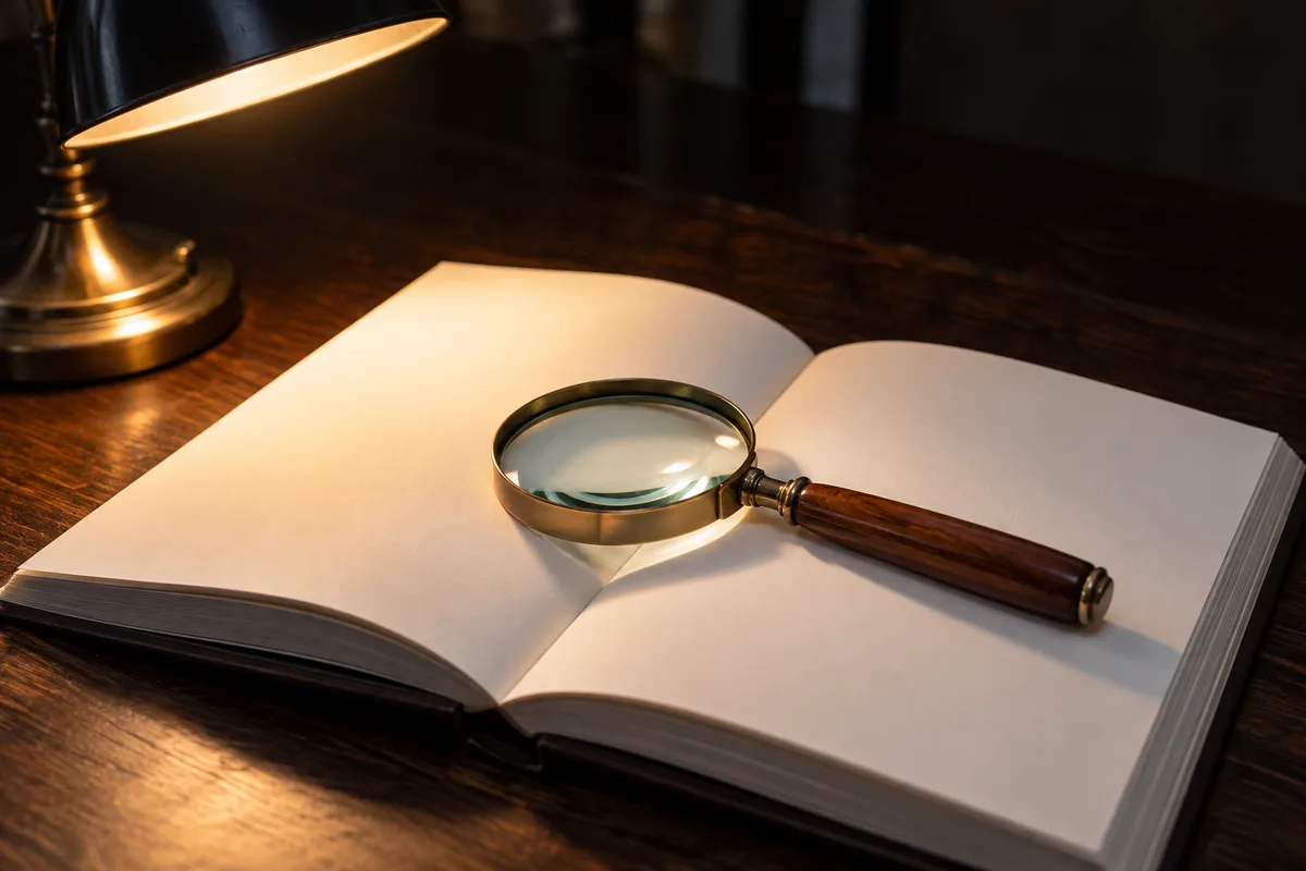 Loupe posée sur un livre ouvert aux pages blanches sous la lumière chaude d’une lampe