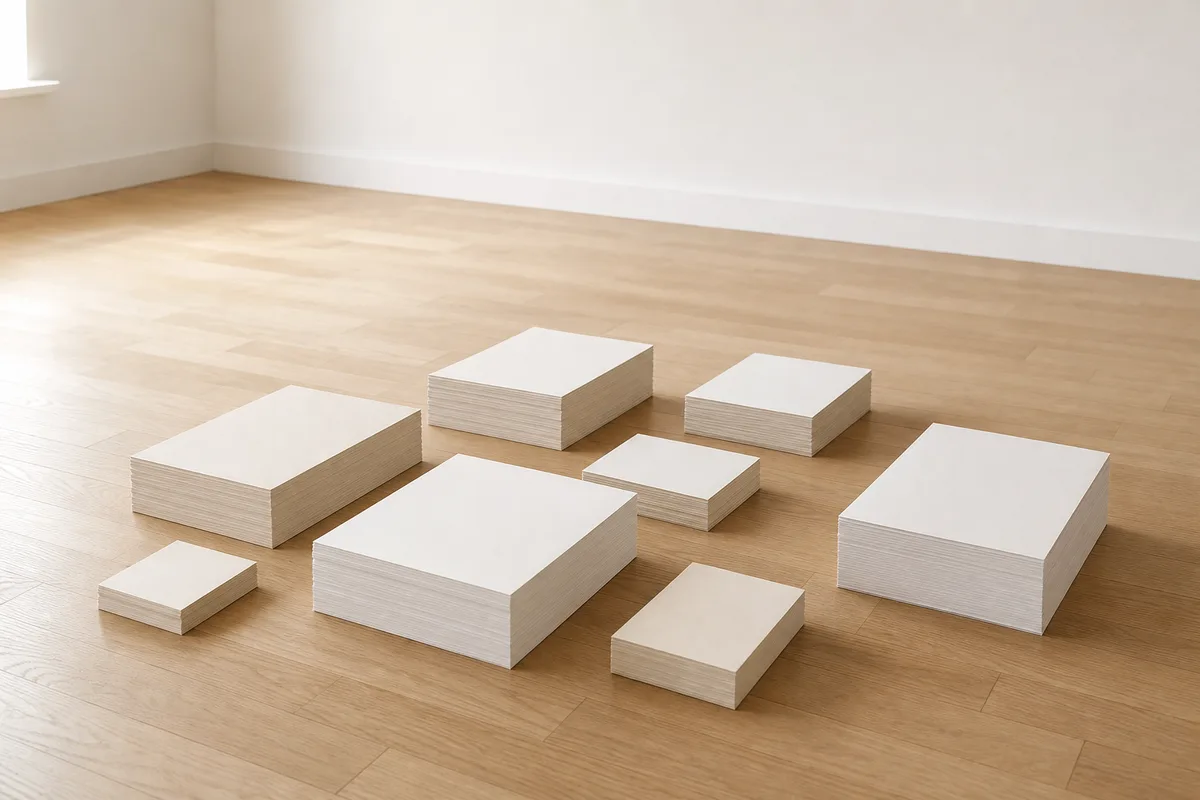 Piles de feuilles de papier vierge de formats différents posées au sol dans une pièce vide