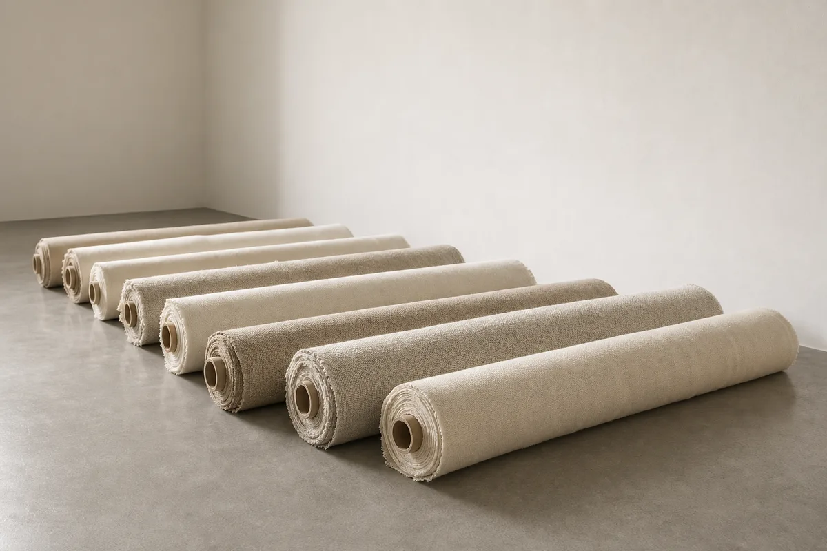 Rouleaux de tissu écru couchés au sol le long d&rsquo;un mur nu dans une salle vide
