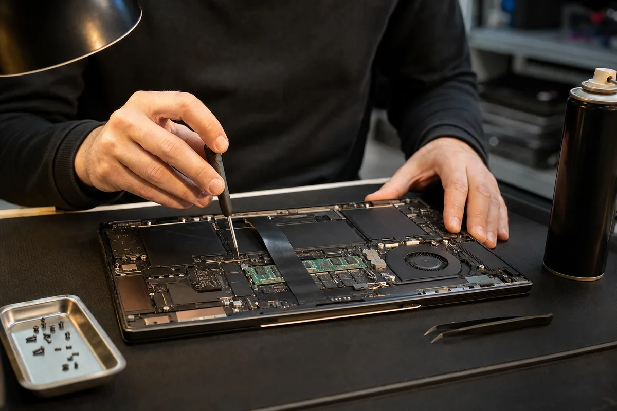 Technicien assis à un établi, en train de démonter un ordinateur portable pour remplacer un composant