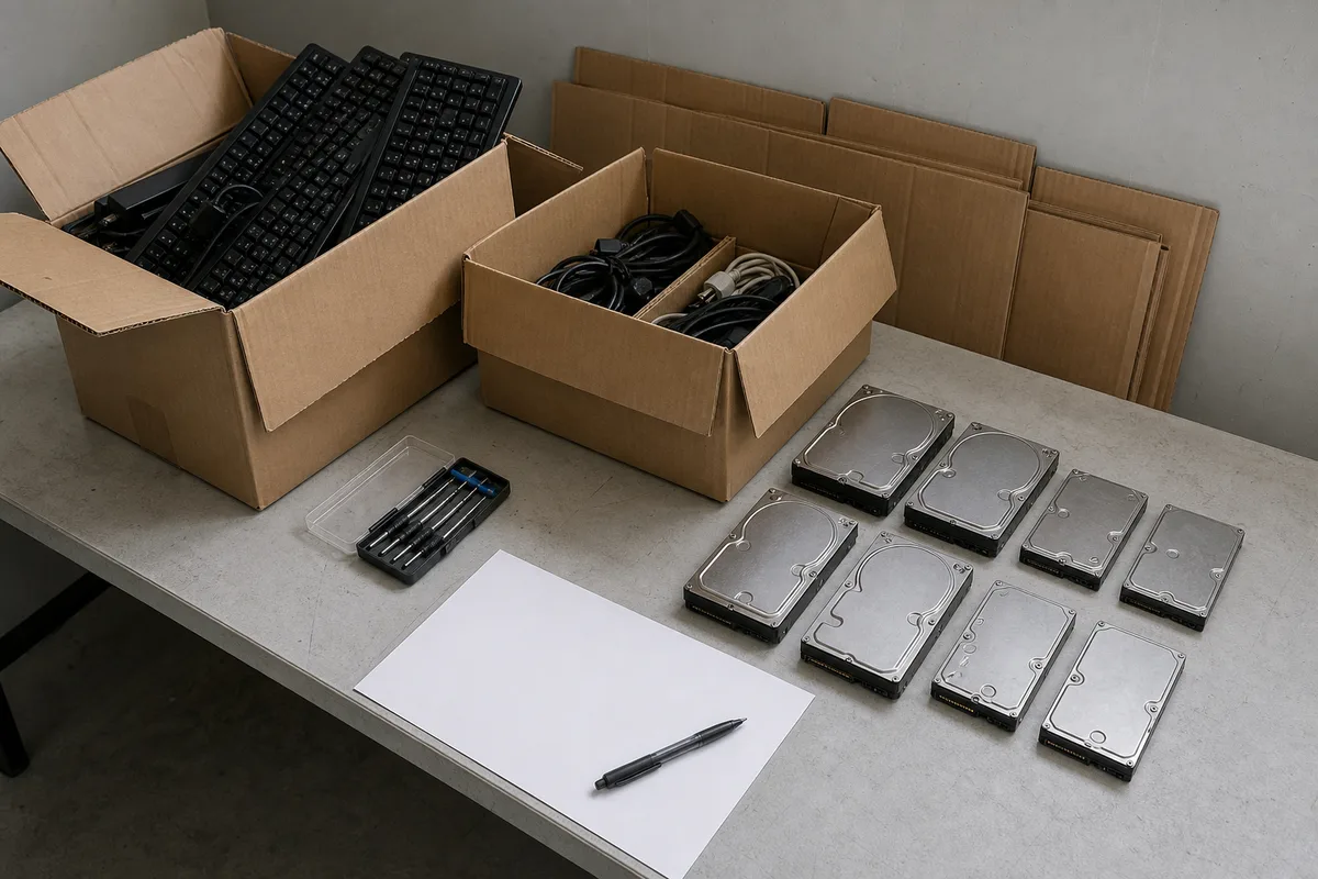 Cartons de matériel informatique en fin de vie et disques durs déposés sur une table de tri