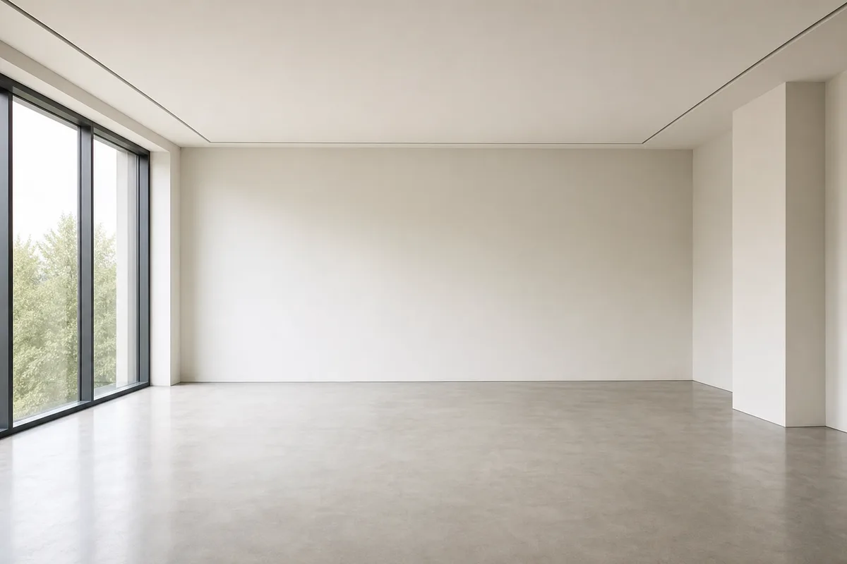 Salle de réunion vide aux murs clairs et au sol en béton lissé