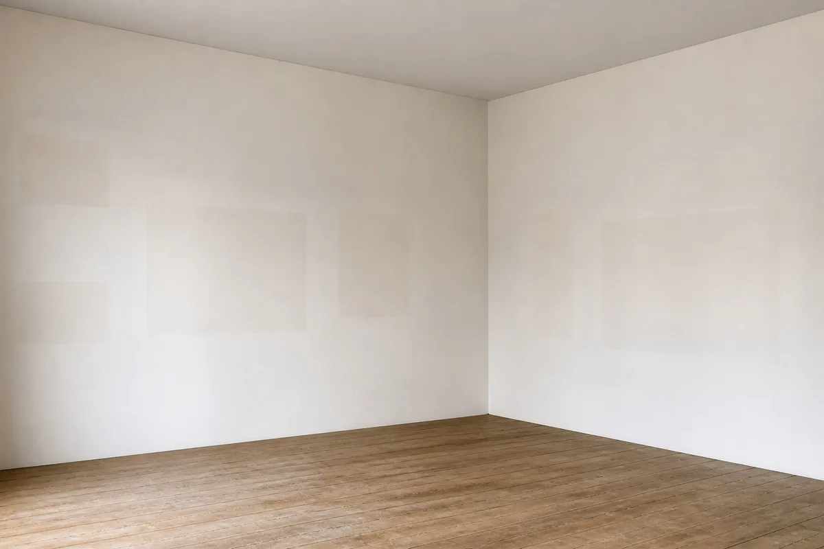 Salle d&rsquo;exposition vide aux murs blancs portant des rectangles plus clairs laissés par des cadres décrochés