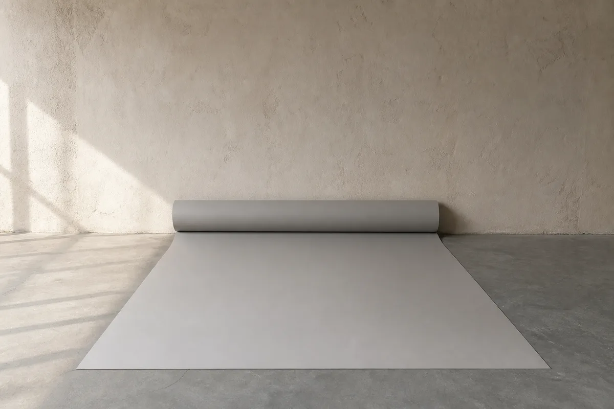 Rouleau de papier de fond de studio posé au sol contre un mur, partiellement déroulé en courbe douce