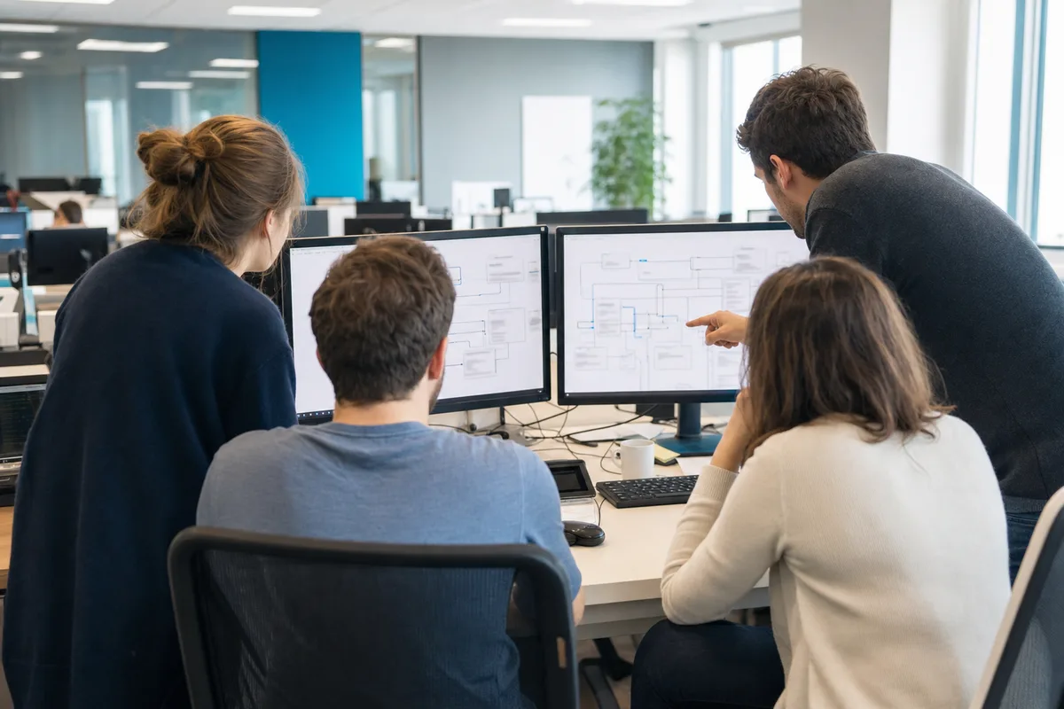 Équipe informatique réunie autour d’écrans analysant l’architecture de connexion de plusieurs logiciels