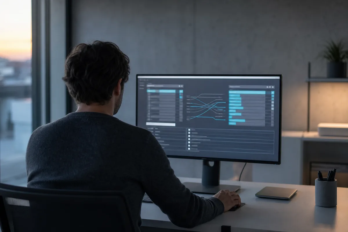 Développeur vérifiant la synchronisation de données entre deux logiciels sur un poste de travail épuré