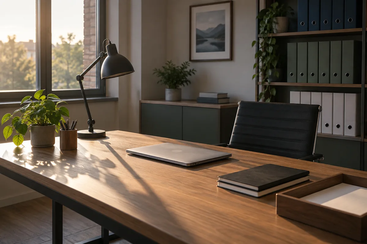 Bureau de PME rangé avec classeurs et ordinateur portable fermé à la lumière du matin